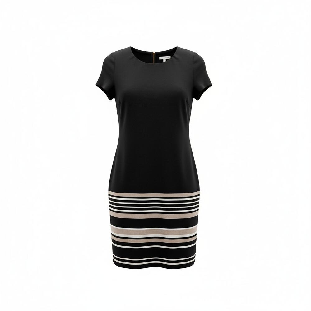Calvin Klein Colorblock Stripe Sheath Dress 8 Black Crepe Short Sleeve Excellent